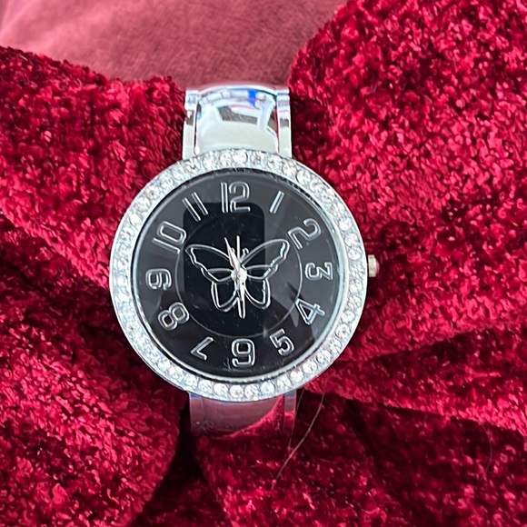 Vintage Accessories - VINTAGE Silver Cuff Butterfly Watch With Rhinestones